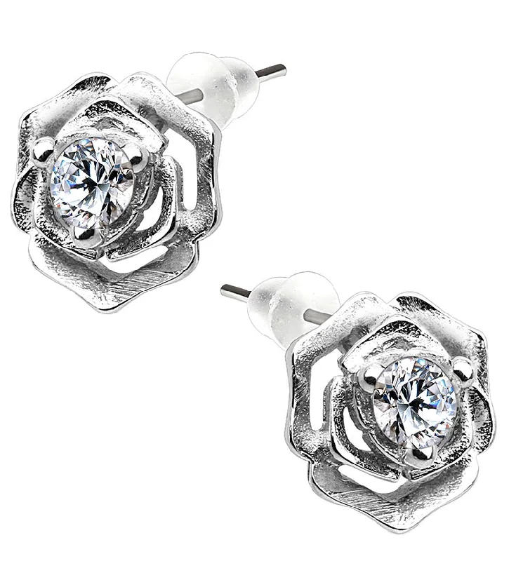 Hoop earrings with oversized designs for a bold, fashion-forward statement-Rosebud CZ Sterling Silver Earrings