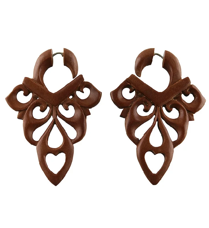 Classic hoop earrings with a thin profile for a sleek and subtle style-Saba Wooden Filigree Fake Gauges