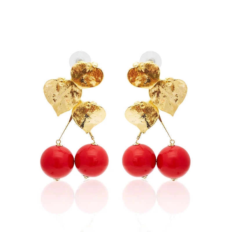 Best hoop earrings with crescent-shaped designs for a bold, moon-inspired style-Satin Gold Leaves & Cherry Drop Post Earrings