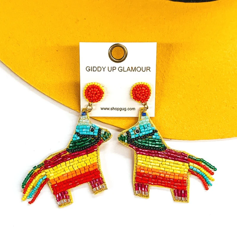 Best hoop earrings with textured silver for a rustic and organic finish-Serape Pinata Seed Beaded Earrings in Multicolored