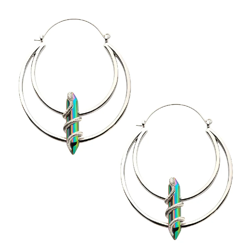 Hoop earrings with snake print designs for an edgy, wild appearance-Snake Wrapped Rainbow Aurora Crystal Stainless Steel Plug Hoops