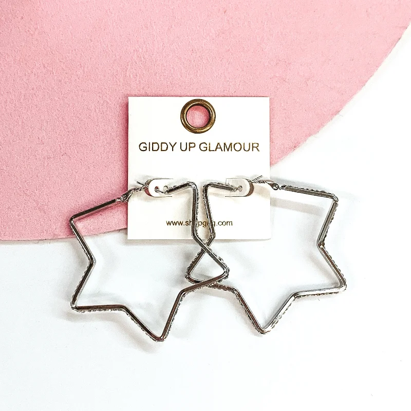 Best hoop earrings with satin ribbons for a soft, feminine appearance-Star Shaped Hoop Earrings with Clear Crystals in Silver