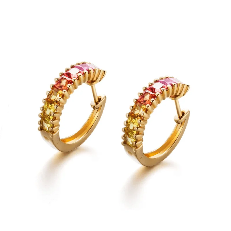 Best hoop earrings with blackened metal for an edgy and bold appearance-"Sunrise" Yellow And Red Color Sapphire Hoop Earrings In 18K Yellow Gold