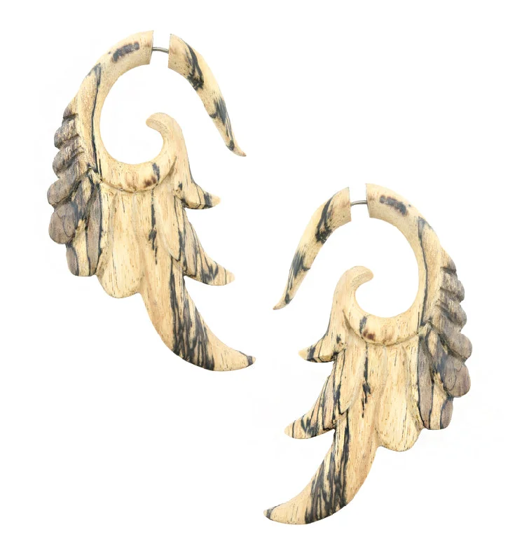 Hoop earrings with intricate designs for a unique and artistic appearance-Tamarind Wood Angel Wing Fake Gauge Talon Spiral Tribal Earrings