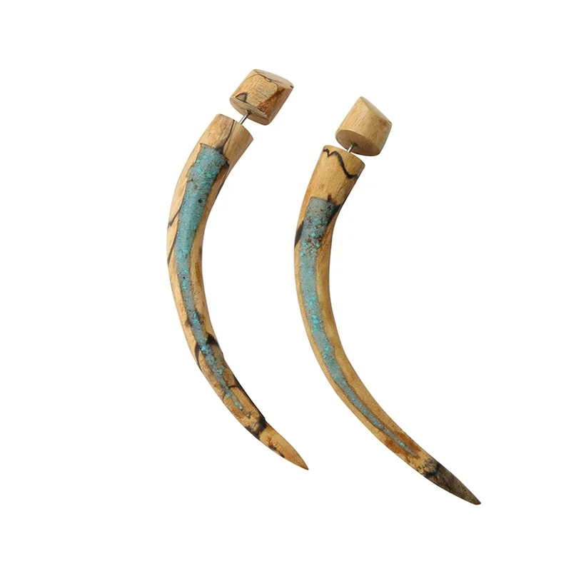 Best hoop earrings with custom designs for a personalized, unique accessory-Tamarind Wood Fake Gauge Crushed Howlite Inlay Curved Taper Tribal Earrings