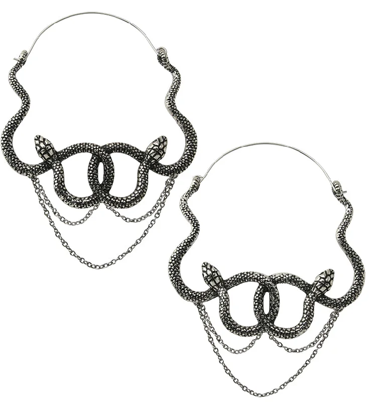 Hoop earrings with tortoiseshell designs for a chic and classic style-Twisted Snake Dangle Chain Plug Hoops