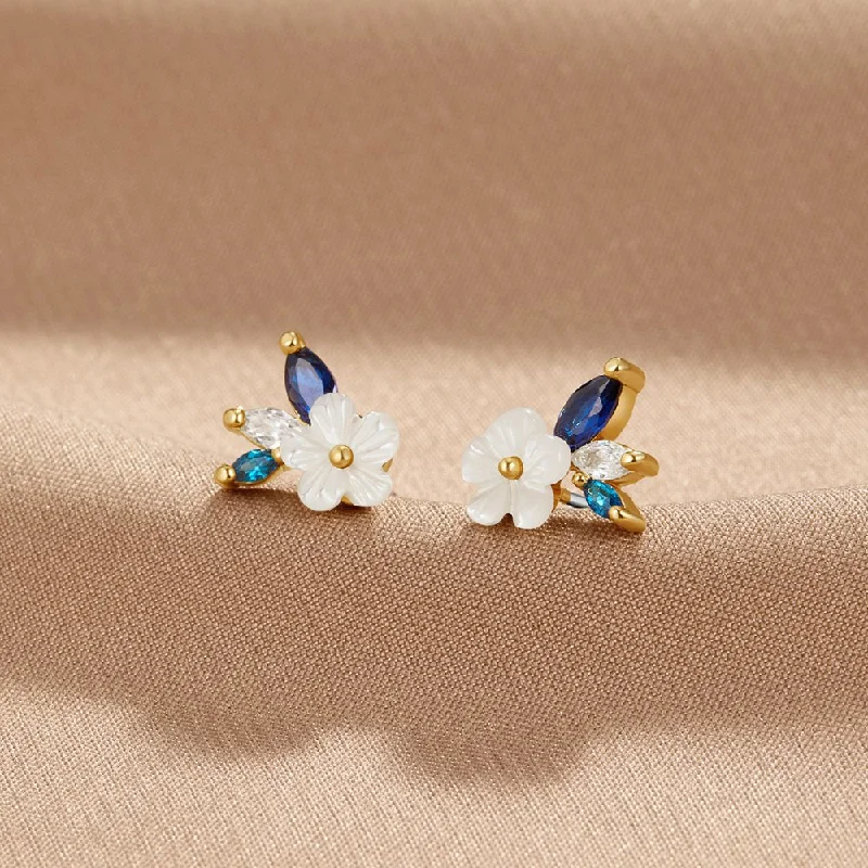 Hoop earrings with hearts for a sweet and romantic gesture-Crystal White Blossom Blue Earrings