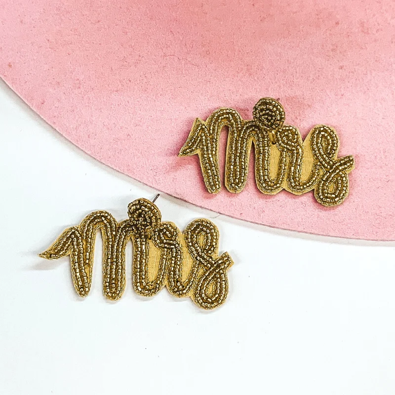 Hoop earrings with cut-out designs for a creative and lightweight effect-Wifey Status Beaded "Mrs" Earrings in Gold