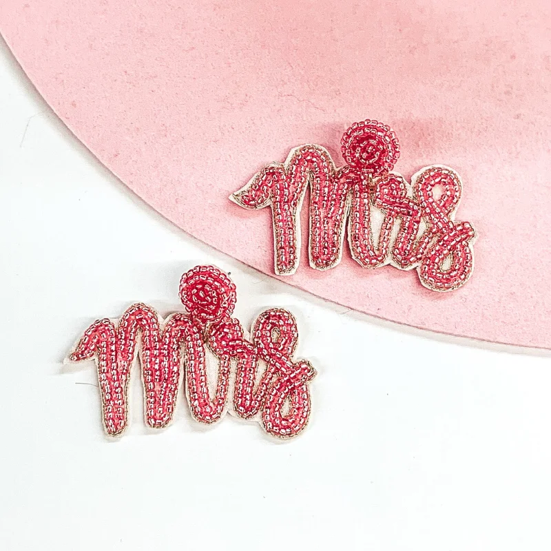 Best hoop earrings with geometric shapes for a modern and artistic appeal-Wifey Status Beaded "Mrs" Earrings in Pink