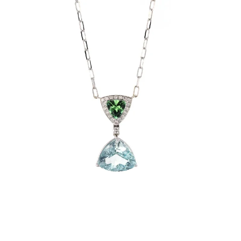 Necklaces and pendants with abstract shapes for a modern, creative appearance-Tourmaline, Aquamarine & Diamond Stationary Pendant Necklace