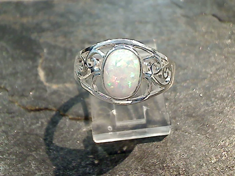 Women’s rings with peacock ore for iridescence -Size 7.75 Lab Created Opal, Sterling Silver Ring