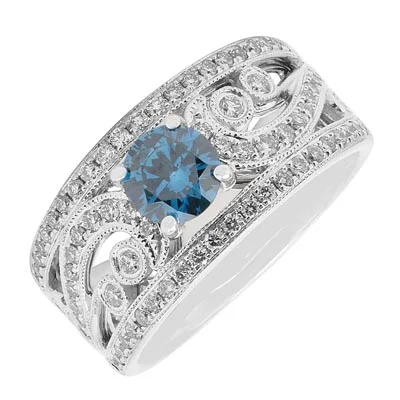 Women’s rings with engraved constellations for stars -Blue and White Diamond Ring in 14kt White Gold (1ct tw)