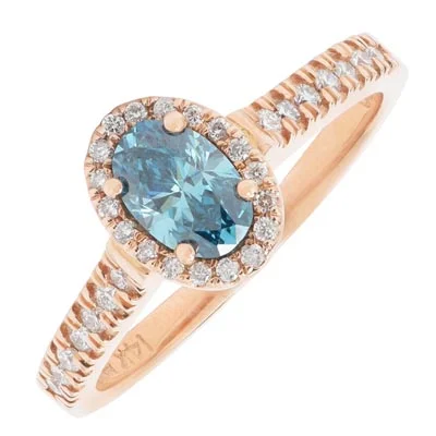 Women’s rings with claw-set onyx for sleek -Blue Oval Diamond Halo Engagement Ring in 14kt Rose Gold (3/4ct tw)