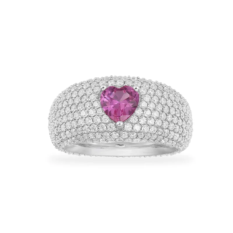 Women’s rings with intricate mandala engravings -Chunky Fuchsia Heart Ring - silver