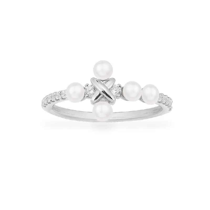 Women’s rings with vintage claw prong settings -Cross Ring with Pearls - White Silver