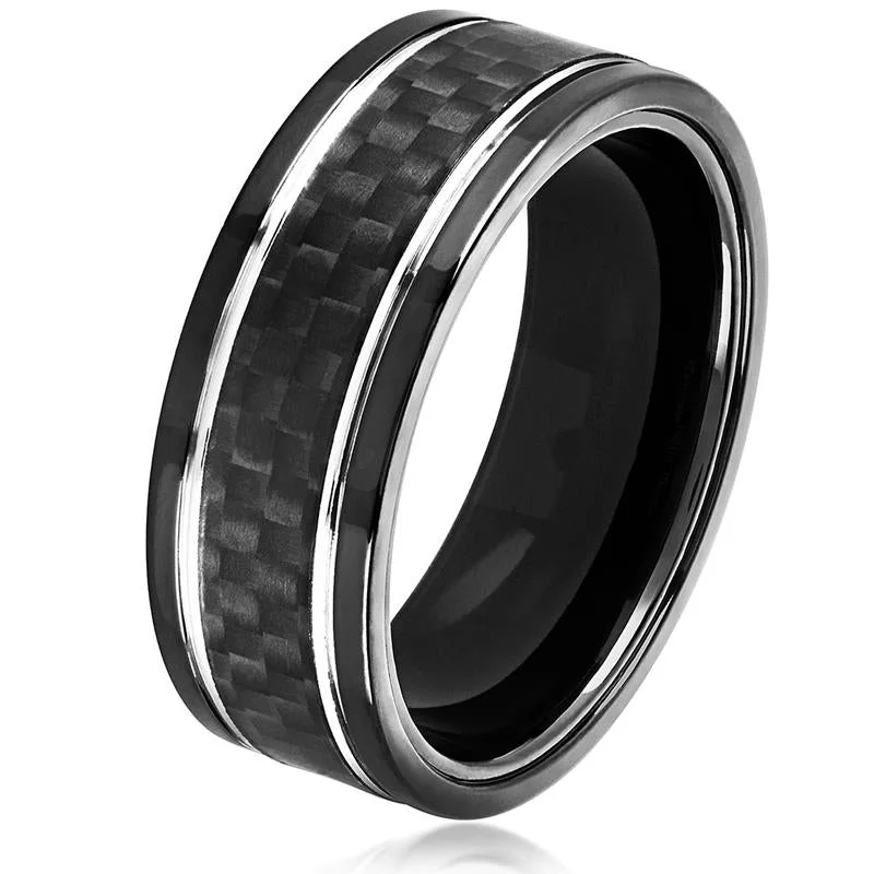 Women’s promise rings with subtle star engravings -Crucible Los Angeles Men's Black Plated Stainless Steel Carbon Fiber Silver Grooved Comfort Fit Ring