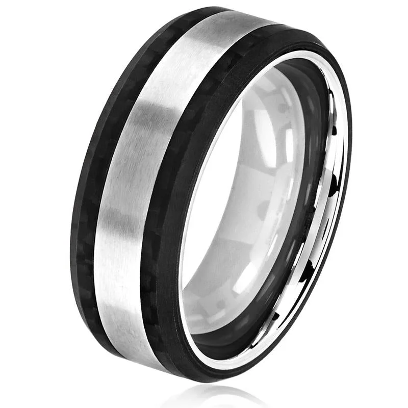 Women’s rings with smoky quartz for depth -Crucible Los Angeles Men's Brushed Stainless Steel Carbon Fiber Beveled Comfort Fit Ring