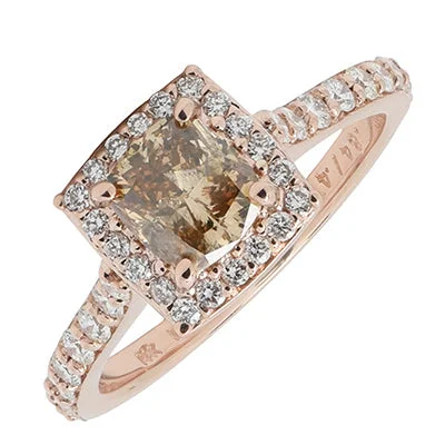 Women’s rings with etched wave band designs -Cushion Champagne Diamond Halo Engagement Ring in 14kt Rose Gold (1 1/5ct tw)