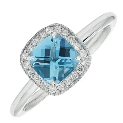 Women’s rings with sunstone gems for glow -Cushion Cut Blue Topaz Ring in 14kt White Gold with Diamonds (1/7ct tw)