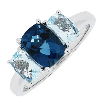 Women’s vintage-style rings with oxidized finish -Cushion London and Sky Blue Topaz Ring in 14kt White Gold