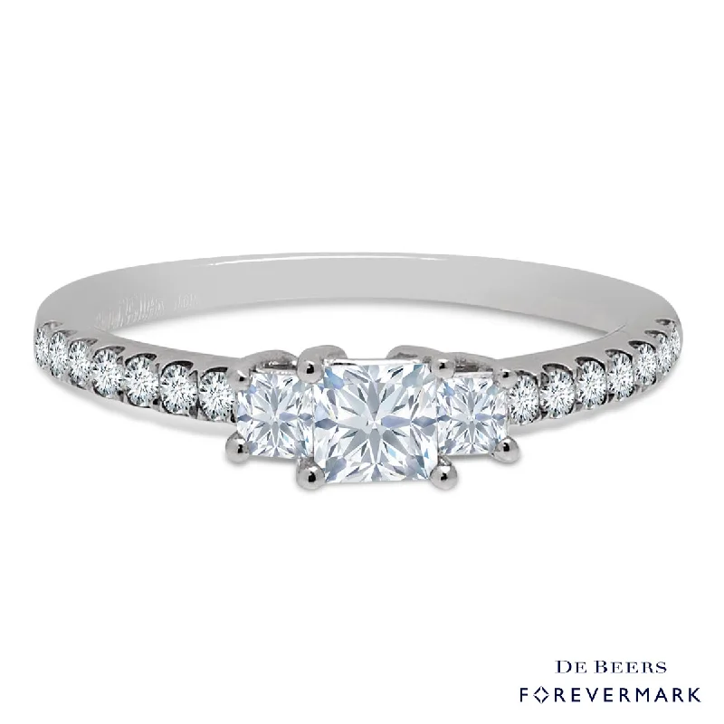 Women’s rings with starburst garnet for beauty -Forevermark Three Stone Diamond Halo Ring in 18kt White Gold