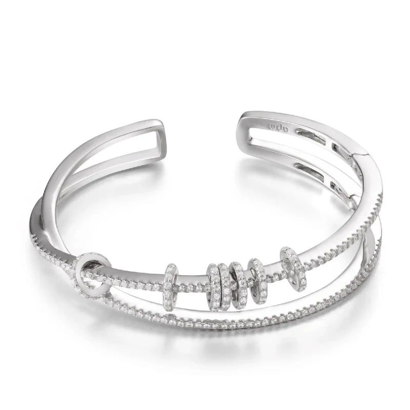 Women’s stretch rings for adjustable comfort fit -Double Open Cuff with Sliding Rings - White Silver