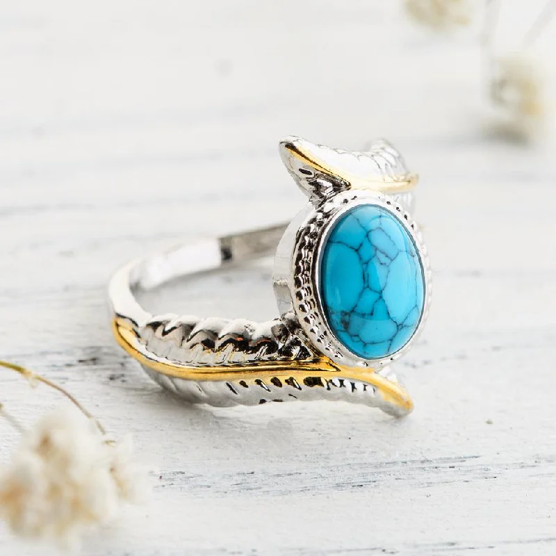 Women’s delicate rings with tiny sapphire accents -Feather Turquoise Crystal Ring