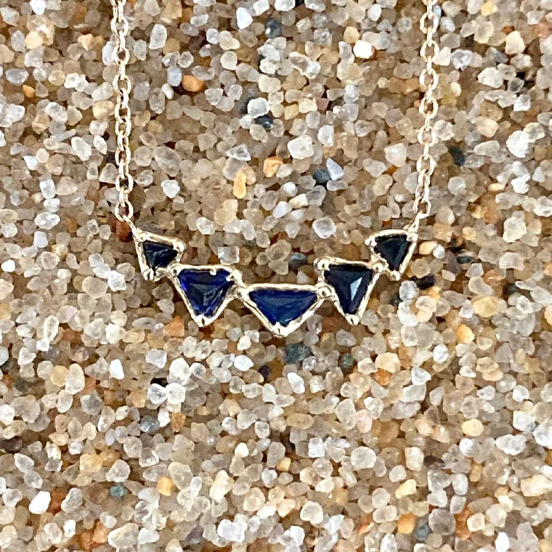 Personalized necklaces and pendants with initials for a customized and meaningful gift-Five Triangles Faceted Sapphires and 14K Gold Pendant Necklace