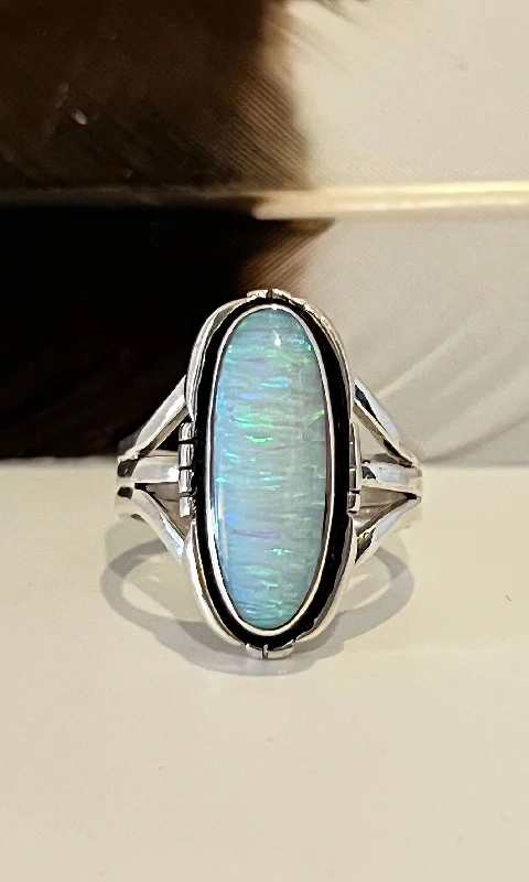 Women’s wide rings with bold amethyst gems -FIERY OPAL Sterling Silver Navajo Ring • 9 1/2