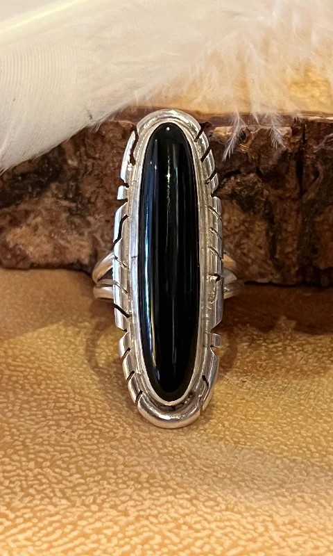 Women’s rings with vine-inspired emerald bands -LIKE MIDNIGHT Navajo Silver and Onyx Ring, Multiple Size Available