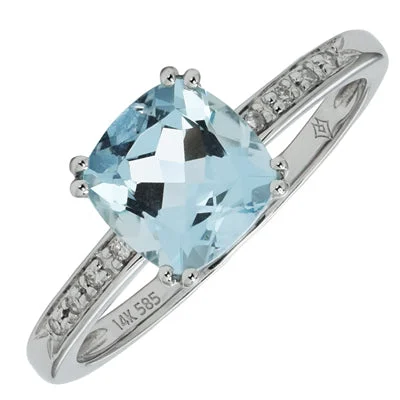 Women’s rings with crescent moonstone for charm -Madison L Cushion Aquamarine Ring in 14kt White Gold with Diamonds (.03ct tw)