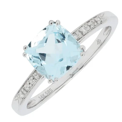 Women’s slim rings with pave sapphire accents -Madison L Cushion Blue Topaz Ring in 14kt White Gold with Diamonds (.03ct tw)