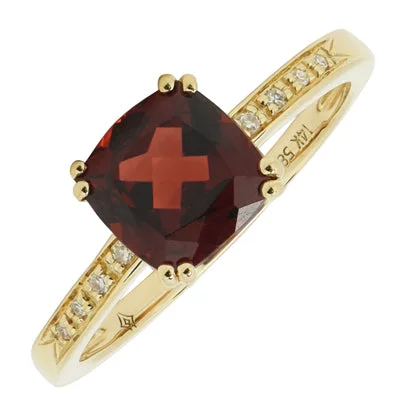 Women’s rings with topaz gems for brilliance -Madison L Cushion Garnet Ring in 14kt Yellow Gold with Diamonds (.03ct tw)