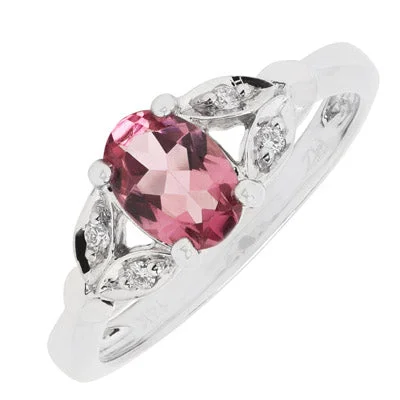 Women’s eternity rings with pave emerald bands -Maine Pink Tourmaline Leaf Ring in 14kt White Gold with Diamonds (.04ct tw)