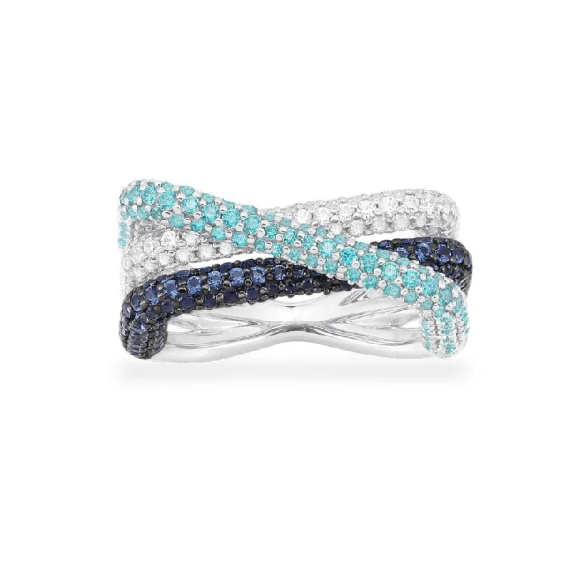 Women’s slim rings with pave sapphire accents -Navy & Lagoon Crossed Rectangle Ring - White Silver