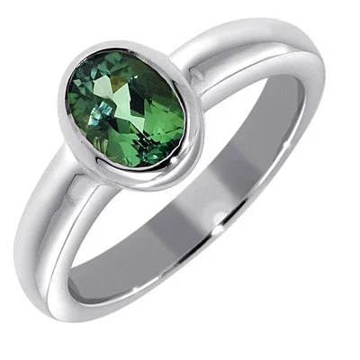 Women’s minimalist rings with polished onyx shine -Oval Green Tourmaline Bezel Ring in Sterling Silver