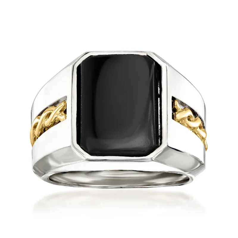 Women’s rings with polished amber for warmth -Ross-Simons Men's Black Onyx Ring in Sterling Silver and 14kt Yellow Gold