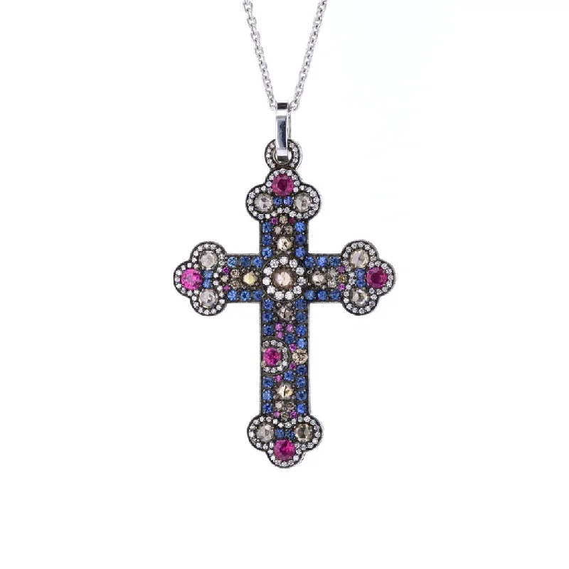 Necklaces and pendants with clear quartz for a pure and radiant look-Sapphire & Diamond Cross Pendant Necklace