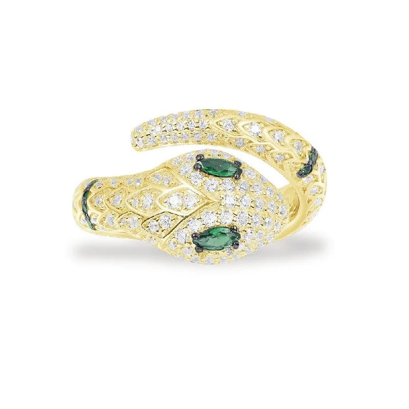 Women’s silver rings featuring bold turquoise gems -Serpent Open Ring with Green Stones - Yellow Silver