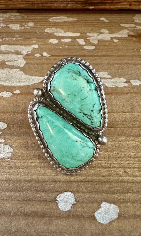 Women’s rings with citrine stones for warmth -SISTER STONES Vintage Handmade Large Ring Sterling Silver, Turquoise • Size 9 1/4