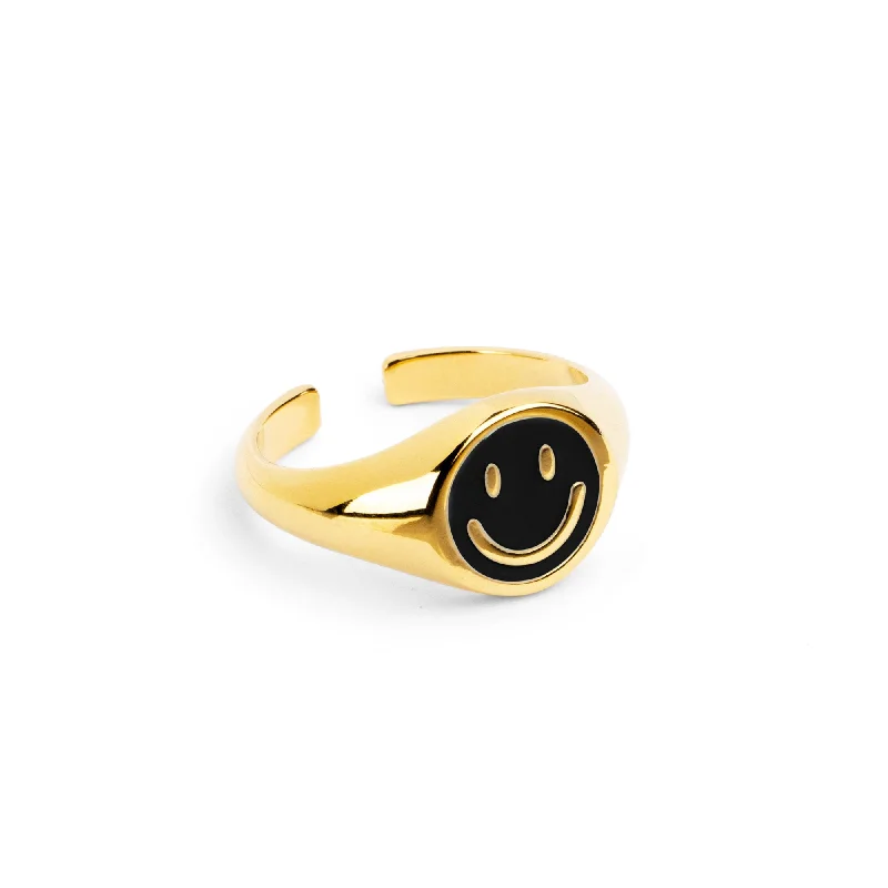 Women’s rings with twisted bands for style -Smiley Black Enamel Gold Ring