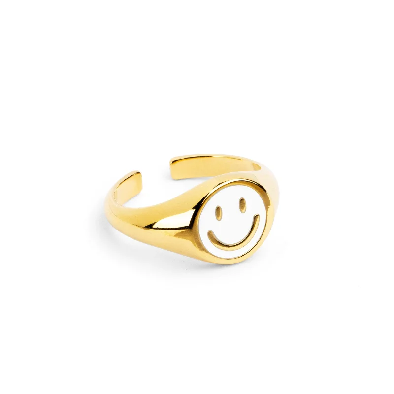 Women’s rings with polished jade for calm -Smiley White Enamel Gold Ring