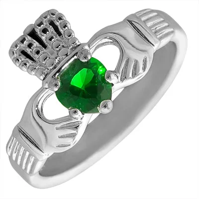 Women’s rings with peacock ore for iridescence -Synthetic Emerald Claddagh Ring in Sterling Silver (size 7)