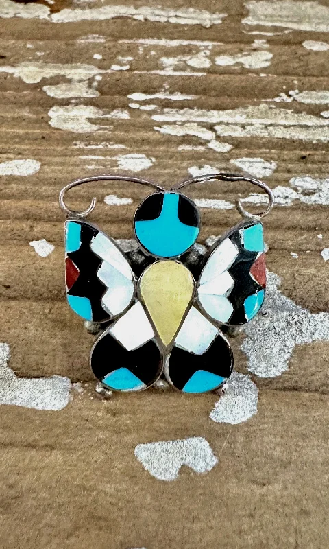 Women’s rings with stretch bands for ease -TAKING FLIGHT Allison Dishta Inlay Butterfly Zuni Ring • Size 5