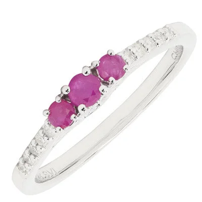 Women’s rings with rough sapphire for chic -Three Stone Ruby Ring in 10kt White Gold with Diamonds (1/10ct tw)