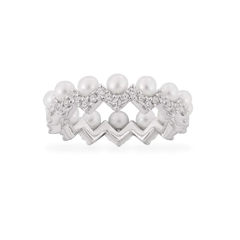 Women’s rings with brushed gold for subtlety -Up and Down Ring with Pearls - White Silver