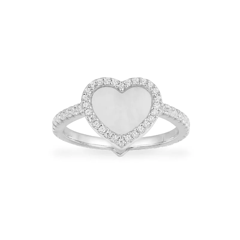 Women’s rings with clustered rose quartz stones -White Nacre Heart Ring - silver