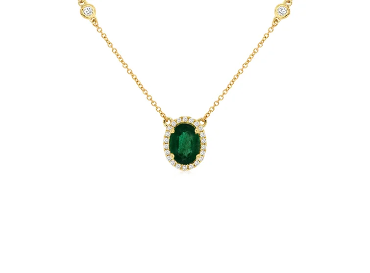 Best necklaces and pendants with personalized coordinates for a special keepsake-Sabel Collection Yellow Gold Oval Emerald and Diamond Halo Station Necklace