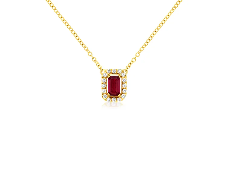 Best necklaces and pendants with intertwined designs for a symbol of unity-Sabel Collection Yellow Gold Ruby and Round Diamond Halo Pendant