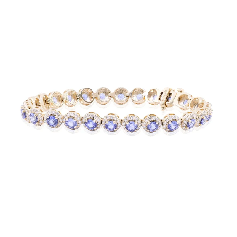 Best bangle bracelets with enamel floral patterns for a delicate and feminine touch-14K YELLOW GOLD ROUND SAPPHIRE AND DIAMOND HALO BRACELET